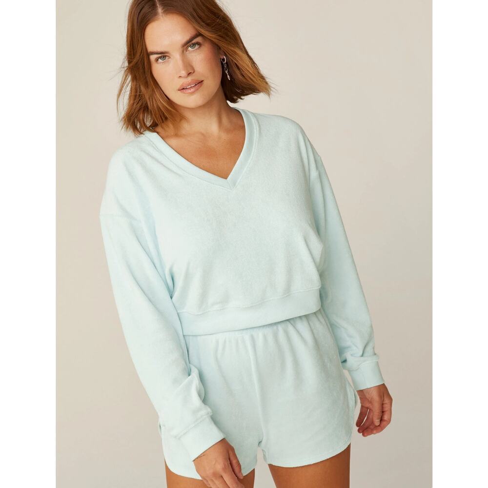 Beyond Yoga Tropez Pullover Tropical Waters Blue Terry Cloth Medium Sea Foam